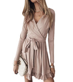 Wrap Front V-Neck Long Sleeve Tie Waist Ruffle Hem Mini Dress