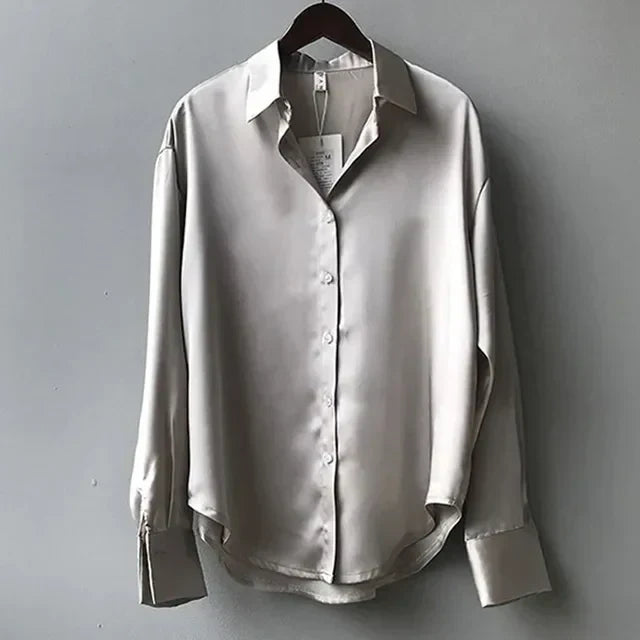 | Women’s Long Sleeve Button Down Satin Blouse