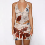 Butterfly Print Mesh Halter Handkerchief Hem Two-Piece Set