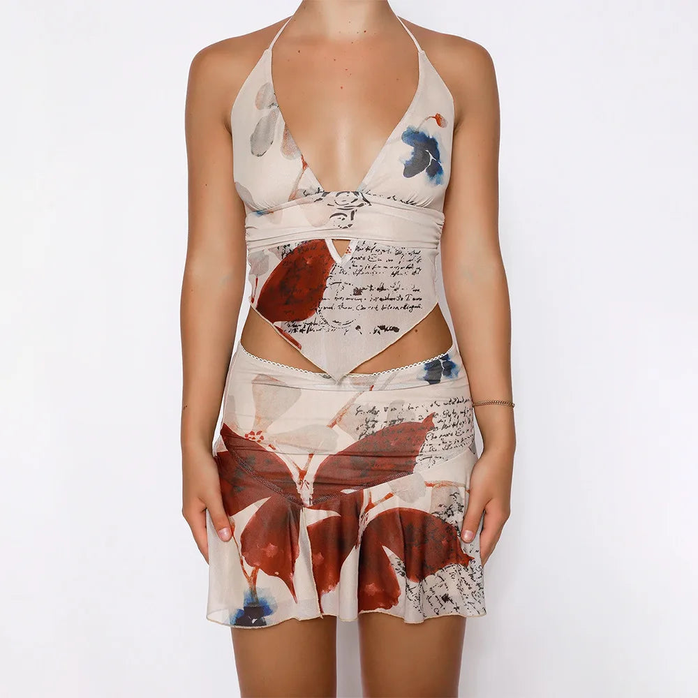 Butterfly Print Mesh Halter Handkerchief Hem Two-Piece Set