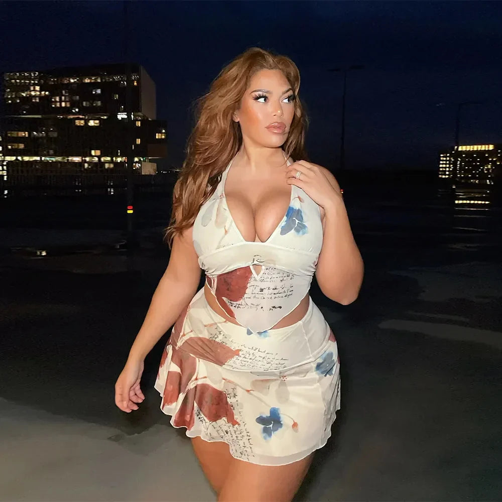 Butterfly Print Mesh Halter Handkerchief Hem Two-Piece Set