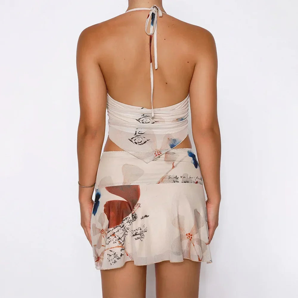 Butterfly Print Mesh Halter Handkerchief Hem Two-Piece Set