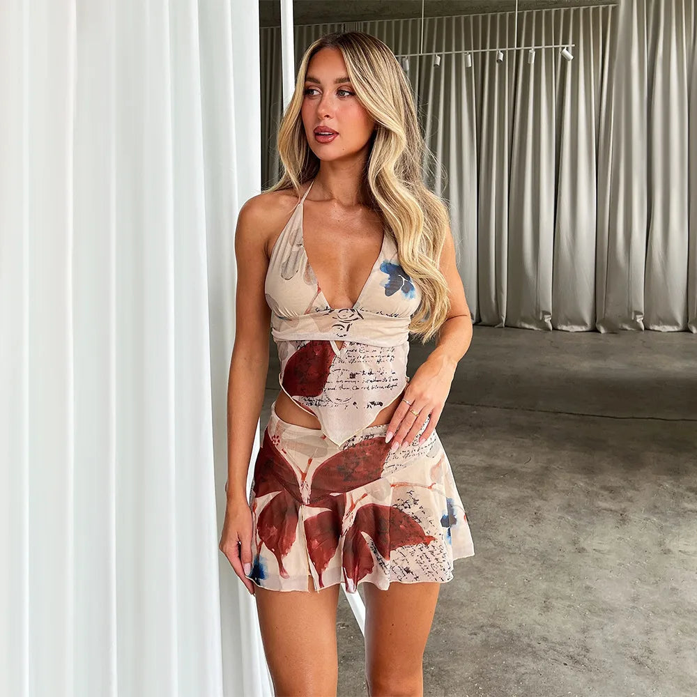 Butterfly Print Mesh Halter Handkerchief Hem Two-Piece Set
