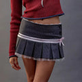 Pinstripe Lace Trim Ribbon Bow Pleated Tulle Hem Mini Skirt