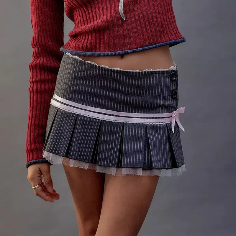 Pinstripe Lace Trim Ribbon Bow Pleated Tulle Hem Mini Skirt