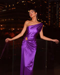 One Shoulder Ruched Waist Cut Out High Split Satin Maxi Gown