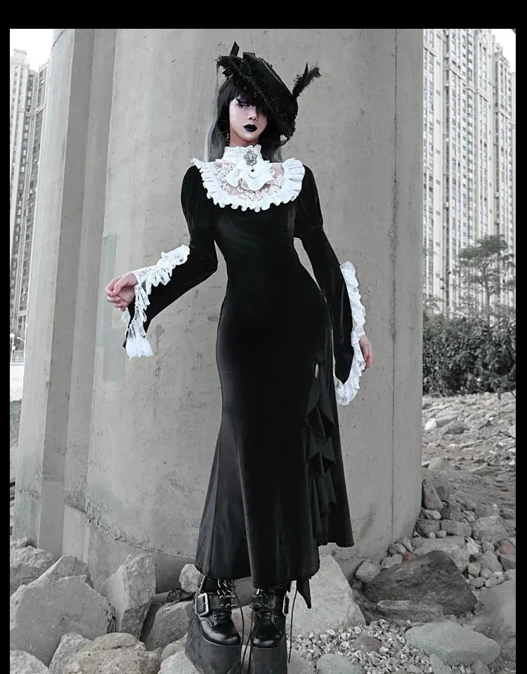 Velvet Lace Collar Trumpet Cuff Ruffle Trim High Slit Mermaid Maxi Dress