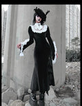 Velvet Lace Collar Trumpet Cuff Ruffle Trim High Slit Mermaid Maxi Dress