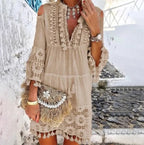 V-Neck Cold Shoulder Tassel Lace Panel Crochet Mini Dress