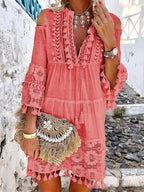 V-Neck Cold Shoulder Tassel Lace Panel Crochet Mini Dress