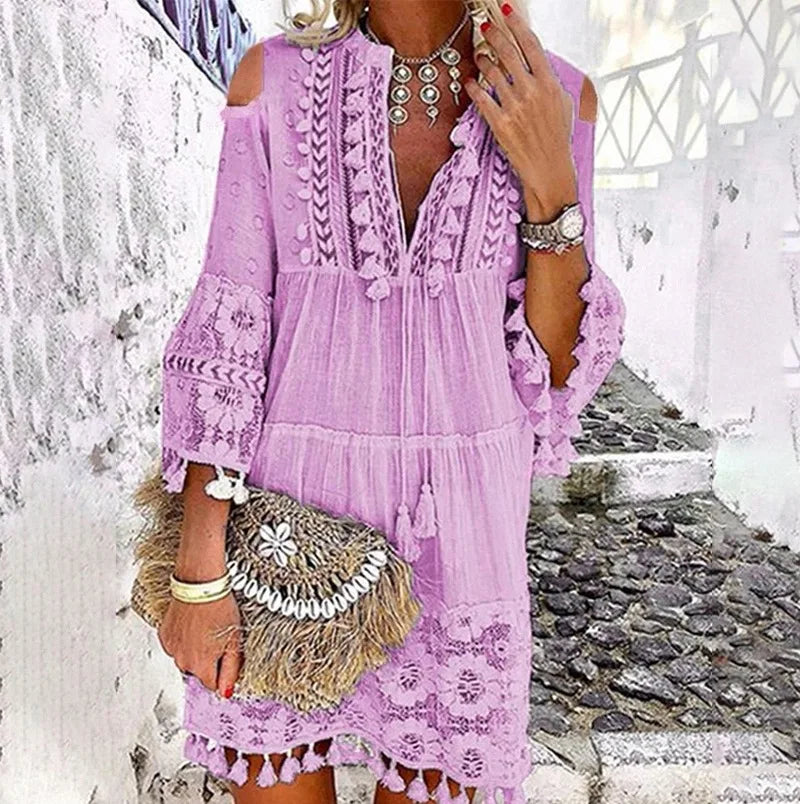 V-Neck Cold Shoulder Tassel Lace Panel Crochet Mini Dress