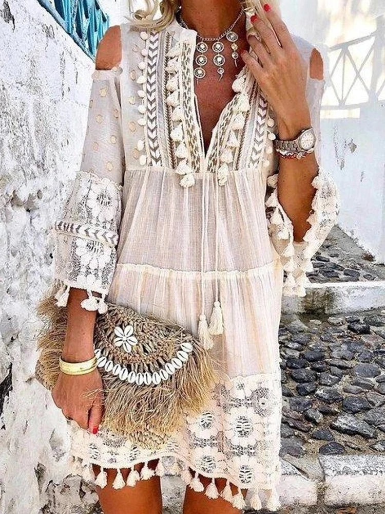 V-Neck Cold Shoulder Tassel Lace Panel Crochet Mini Dress