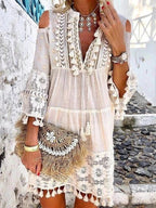 V-Neck Cold Shoulder Tassel Lace Panel Crochet Mini Dress