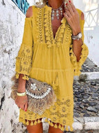V-Neck Cold Shoulder Tassel Lace Panel Crochet Mini Dress