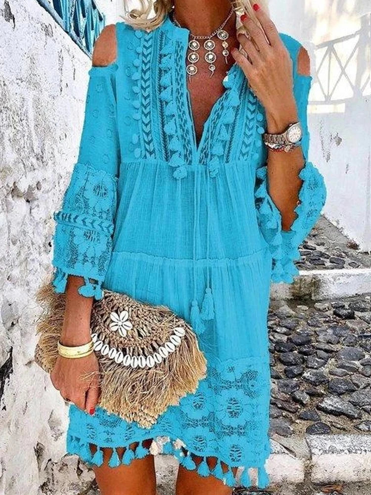 V-Neck Cold Shoulder Tassel Lace Panel Crochet Mini Dress