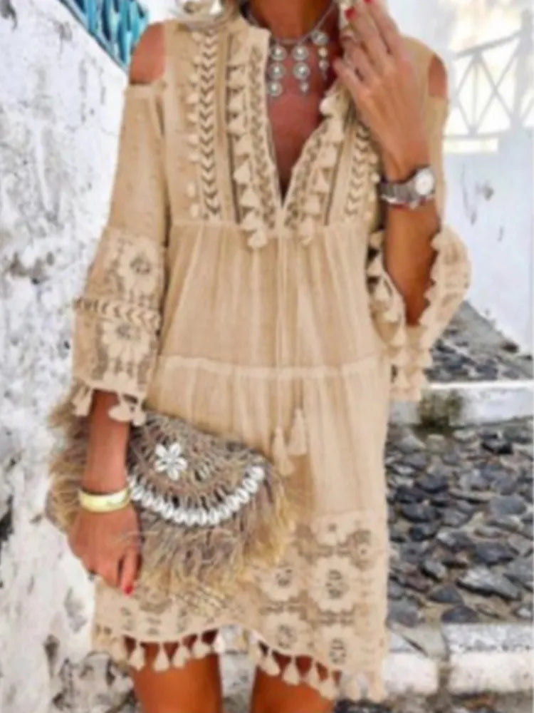 V-Neck Cold Shoulder Tassel Lace Panel Crochet Mini Dress