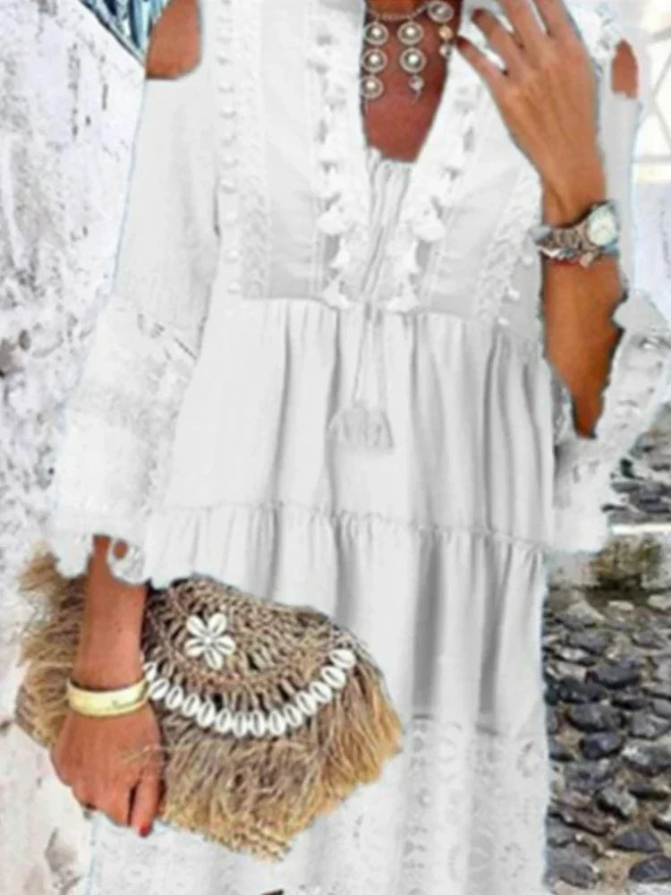 V-Neck Cold Shoulder Tassel Lace Panel Crochet Mini Dress