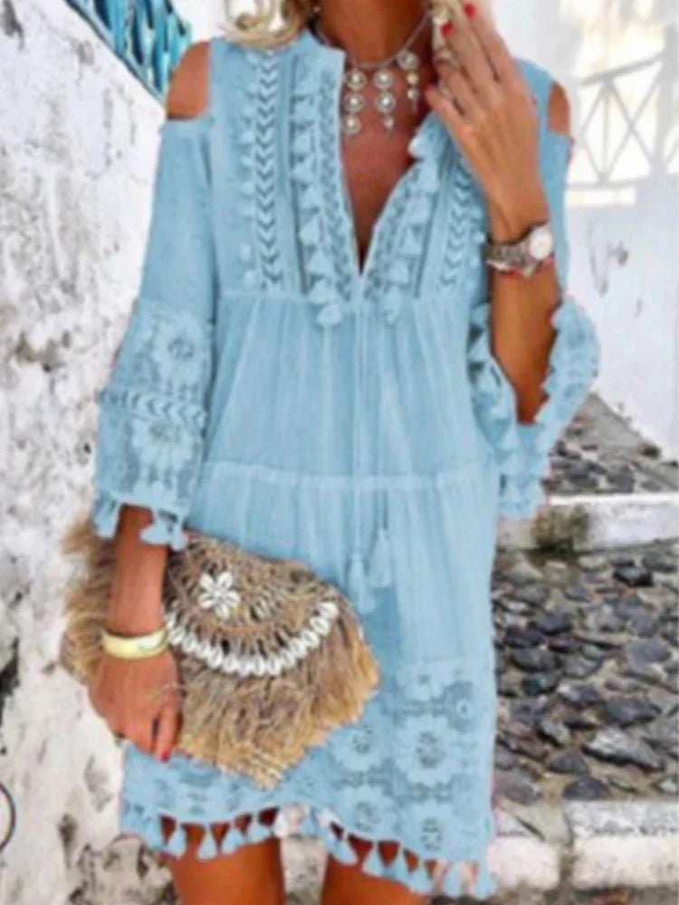 V-Neck Cold Shoulder Tassel Lace Panel Crochet Mini Dress