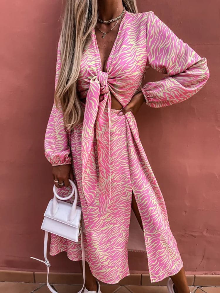 Zebra Print Deep V-Neck Lace Up Waist Cut Out Bishop Sleeve High Split Midi Dress