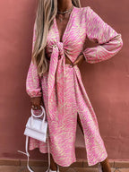 Zebra Print Deep V-Neck Lace Up Waist Cut Out Bishop Sleeve High Split Midi Dress