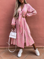 Zebra Print Deep V-Neck Lace Up Waist Cut Out Bishop Sleeve High Split Midi Dress