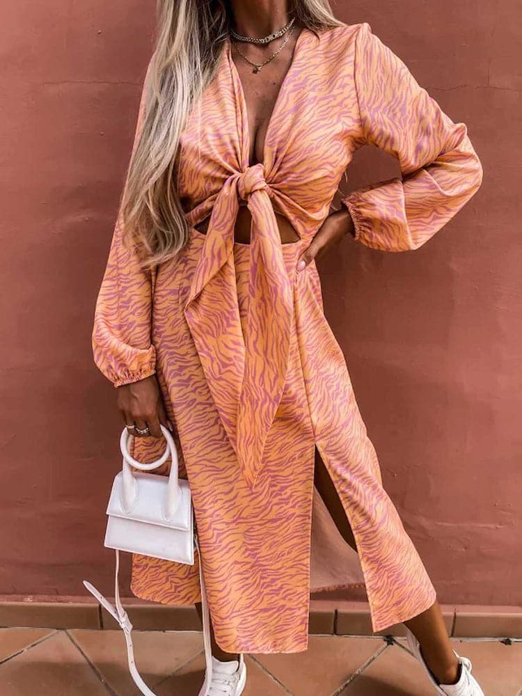 Zebra Print Deep V-Neck Lace Up Waist Cut Out Bishop Sleeve High Split Midi Dress