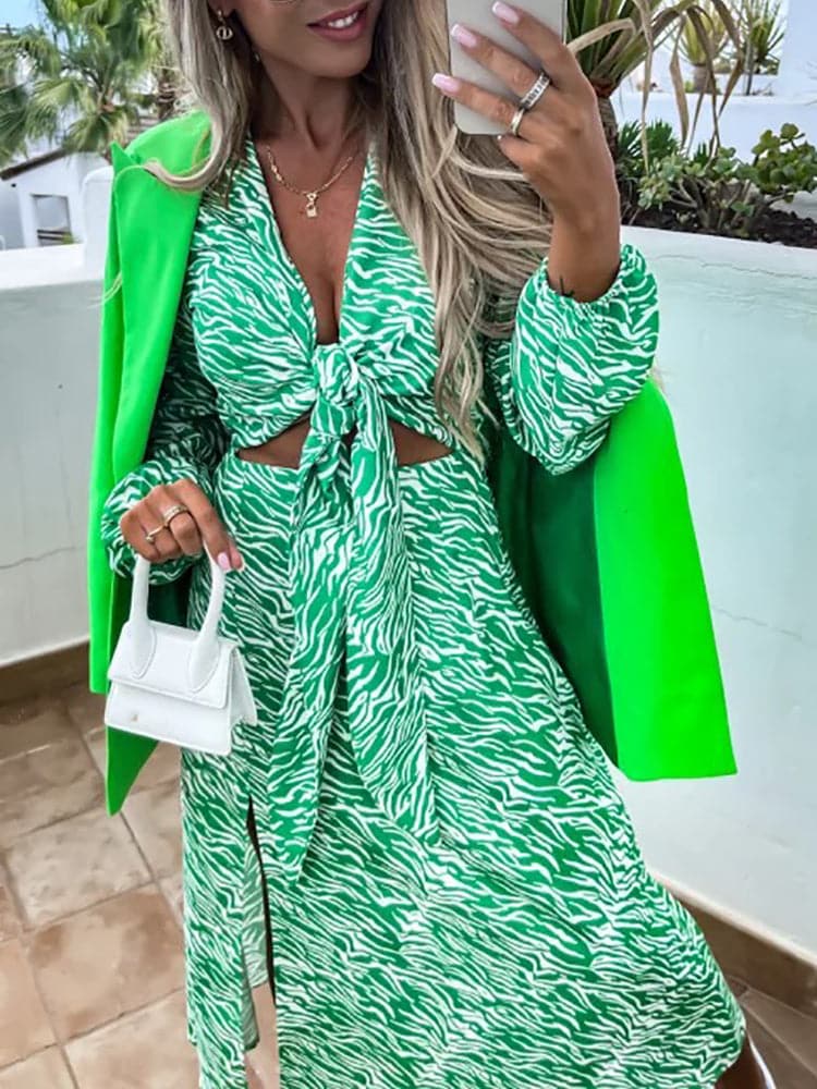 Zebra Print Deep V-Neck Lace Up Waist Cut Out Bishop Sleeve High Split Midi Dress