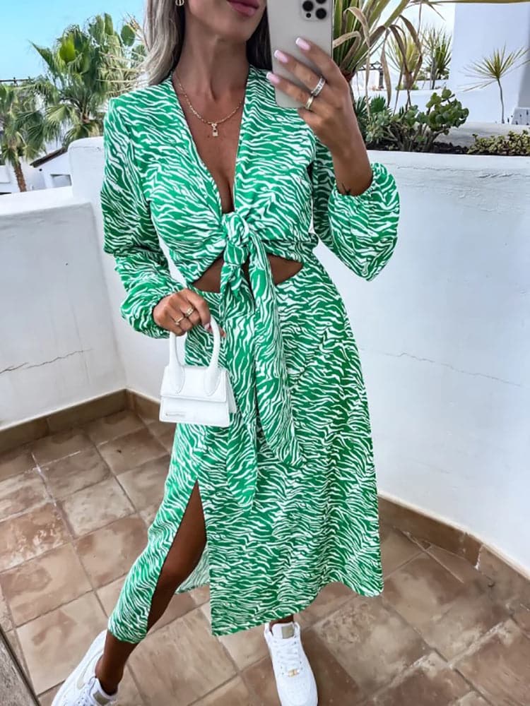 Zebra Print Deep V-Neck Lace Up Waist Cut Out Bishop Sleeve High Split Midi Dress
