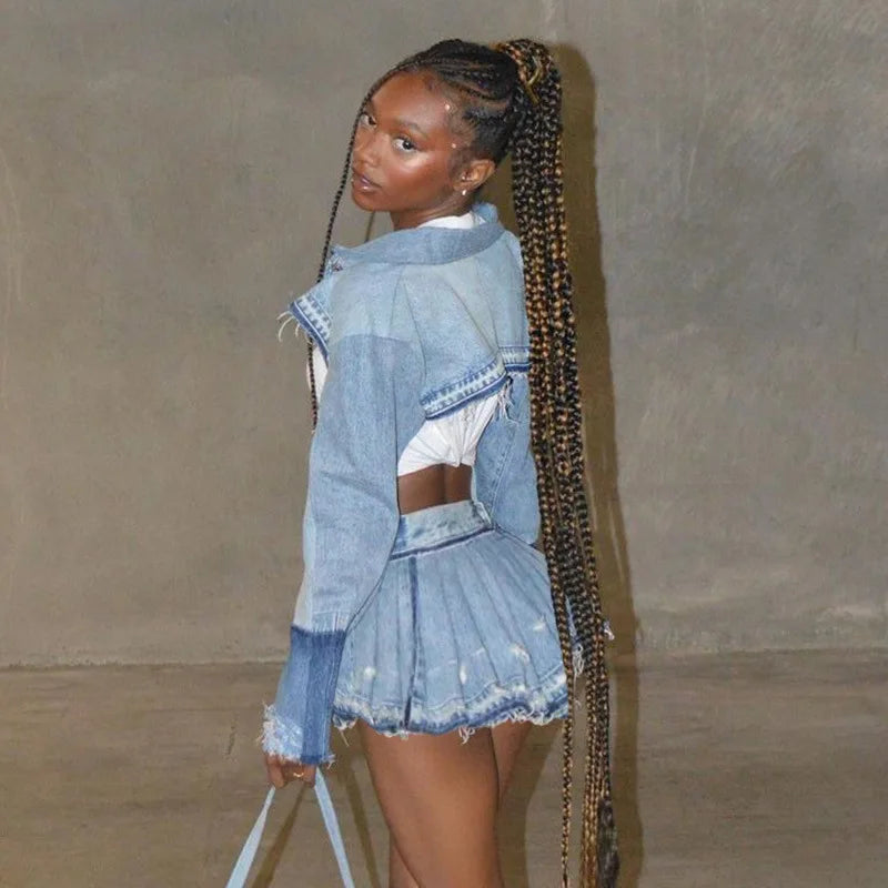 Denim Pleated Distressed Raw Hem High Waist Bodycon Mini Skirt