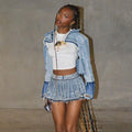 Denim Pleated Distressed Raw Hem High Waist Bodycon Mini Skirt