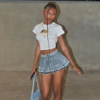 Denim Pleated Distressed Raw Hem High Waist Bodycon Mini Skirt