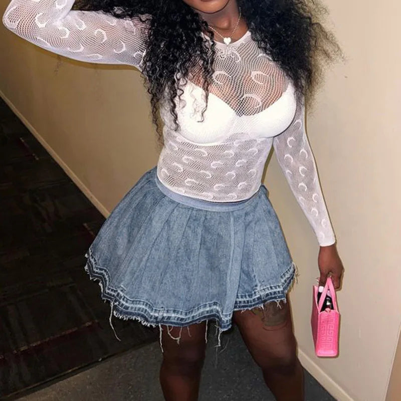 Denim Pleated Distressed Raw Hem High Waist Bodycon Mini Skirt