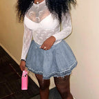Denim Pleated Distressed Raw Hem High Waist Bodycon Mini Skirt