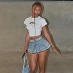 Denim Pleated Distressed Raw Hem High Waist Bodycon Mini Skirt