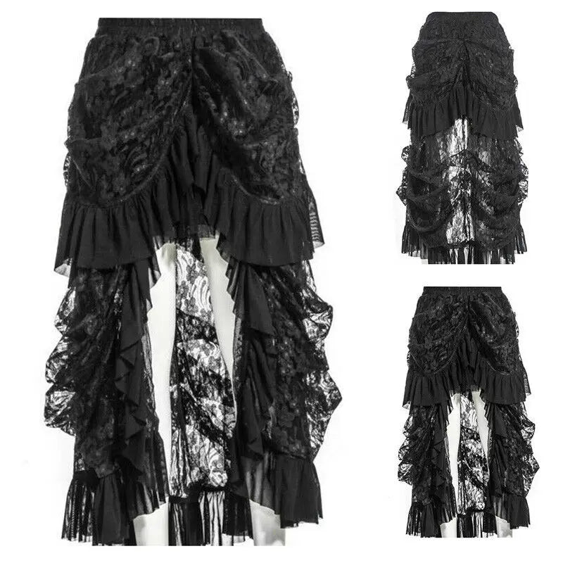 Gothic Lace Up Corset Bustle Tiered High Low Maxi Skirt