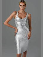 Sweetheart Criss-Cross Bandage Wide Strap Metallic Foil Bodycon Midi Dress