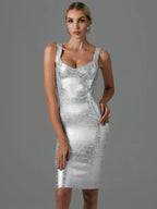 Sweetheart Criss-Cross Bandage Wide Strap Metallic Foil Bodycon Midi Dress