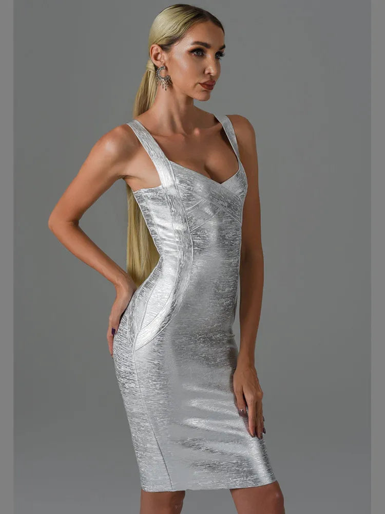 Sweetheart Criss-Cross Bandage Wide Strap Metallic Foil Bodycon Midi Dress