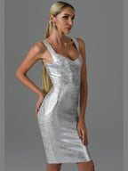 Sweetheart Criss-Cross Bandage Wide Strap Metallic Foil Bodycon Midi Dress