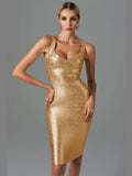 Sweetheart Criss-Cross Bandage Wide Strap Metallic Foil Bodycon Midi Dress