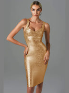 Sweetheart Criss-Cross Bandage Wide Strap Metallic Foil Bodycon Midi Dress