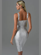 Sweetheart Criss-Cross Bandage Wide Strap Metallic Foil Bodycon Midi Dress
