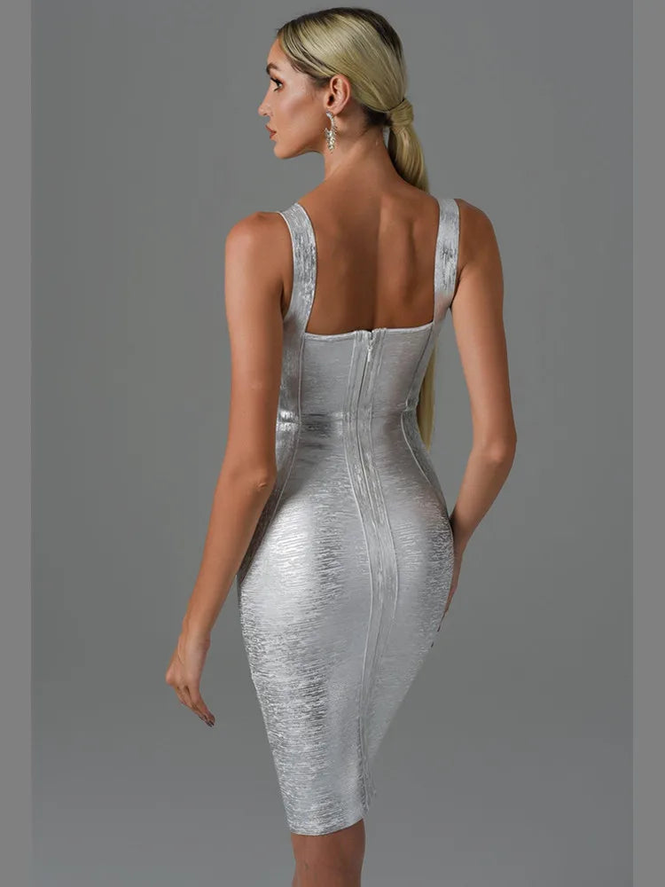 Sweetheart Criss-Cross Bandage Wide Strap Metallic Foil Bodycon Midi Dress