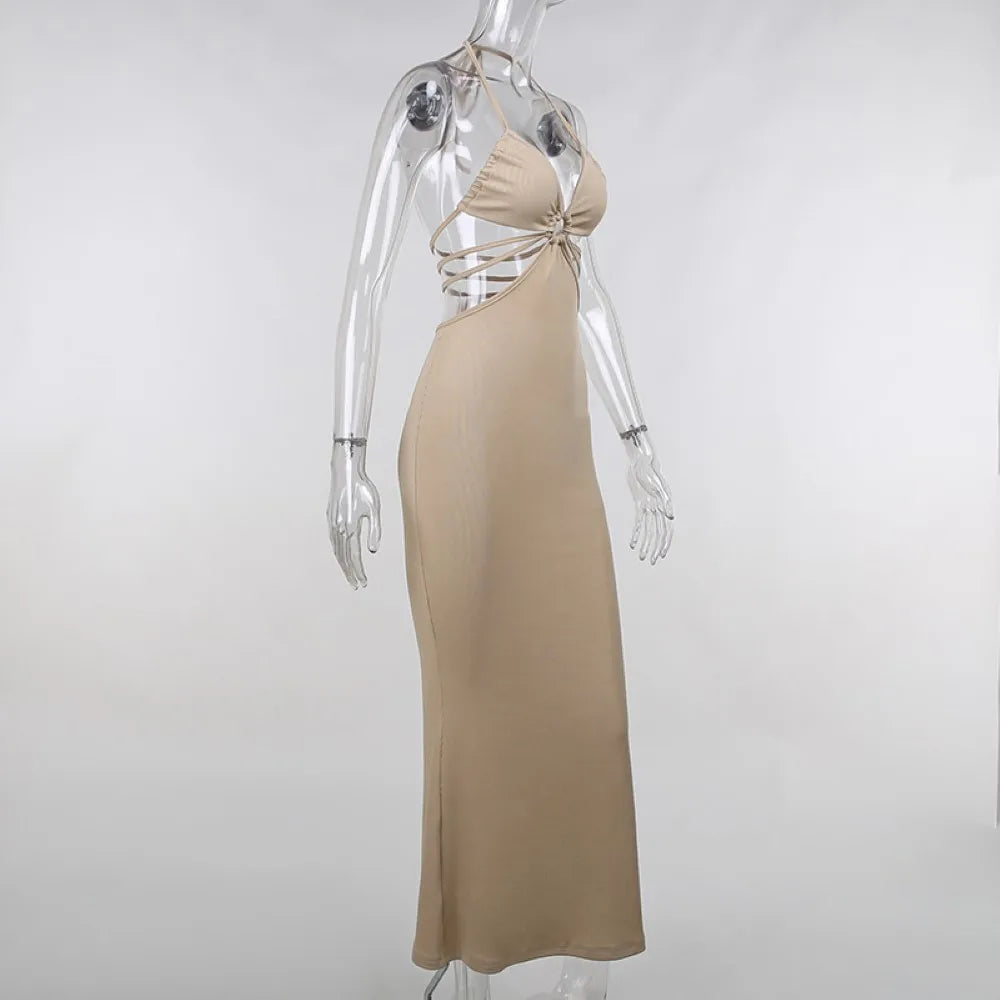Halter Backless Criss-Cross Tie Waist Cutout Mesh Overlay Maxi Dress