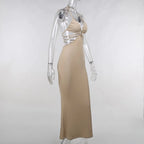 Halter Backless Criss-Cross Tie Waist Cutout Mesh Overlay Maxi Dress
