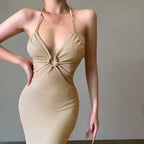 Halter Backless Criss-Cross Tie Waist Cutout Mesh Overlay Maxi Dress