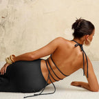 Halter Backless Criss-Cross Tie Waist Cutout Mesh Overlay Maxi Dress