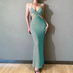 Halter Backless Criss-Cross Tie Waist Cutout Mesh Overlay Maxi Dress