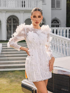 3D Floral Rosette Lace Long Sleeve Bodycon Mini Dress