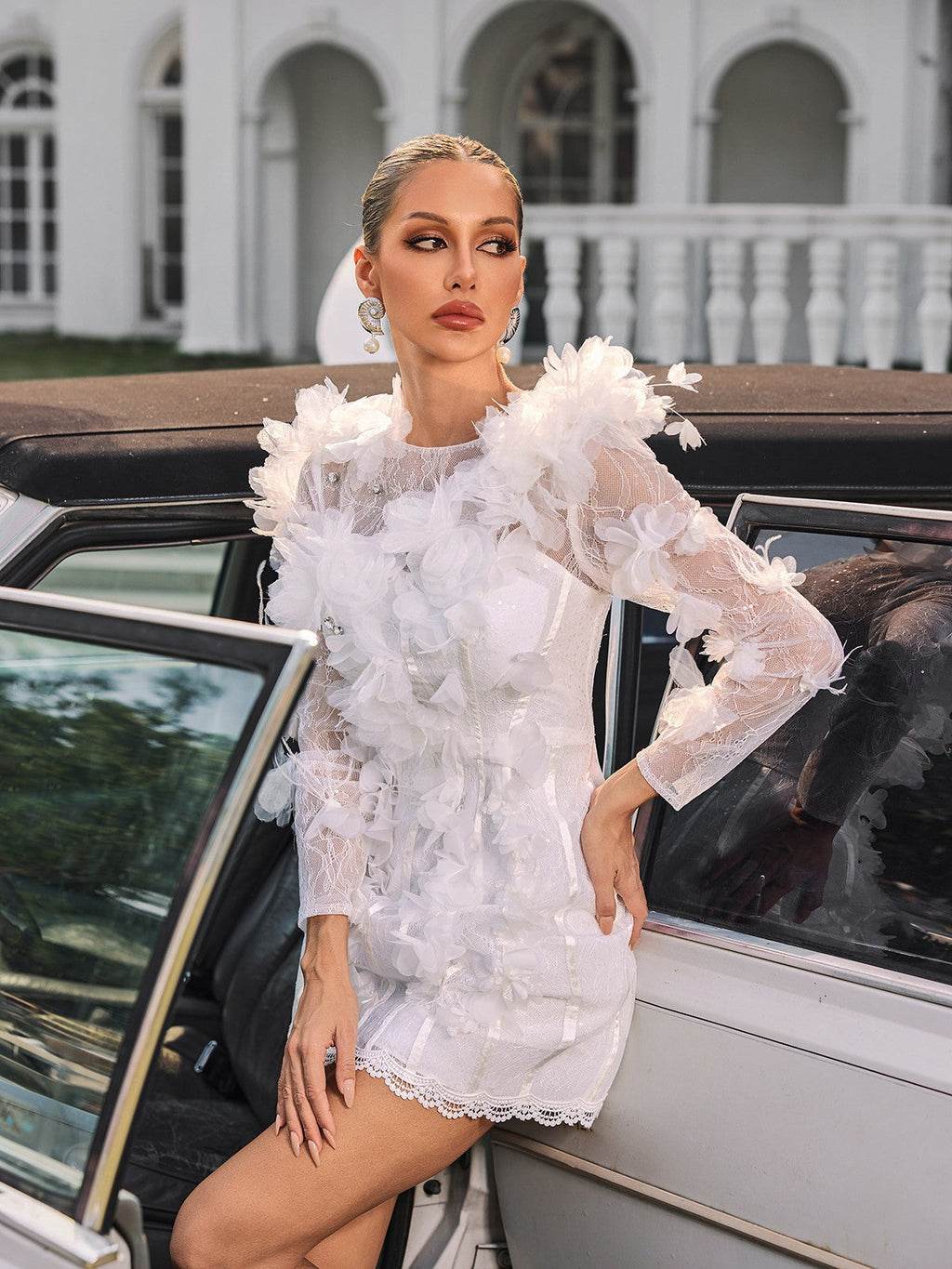 3D Floral Rosette Lace Long Sleeve Bodycon Mini Dress